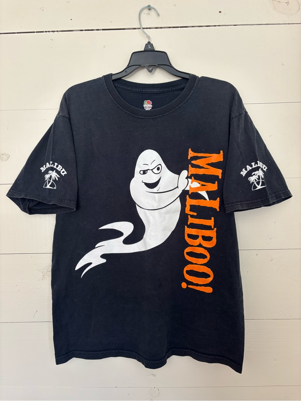 Malibu Black Short-Sleeve Tee with White Ghost and Orange MALIBOO! Print
